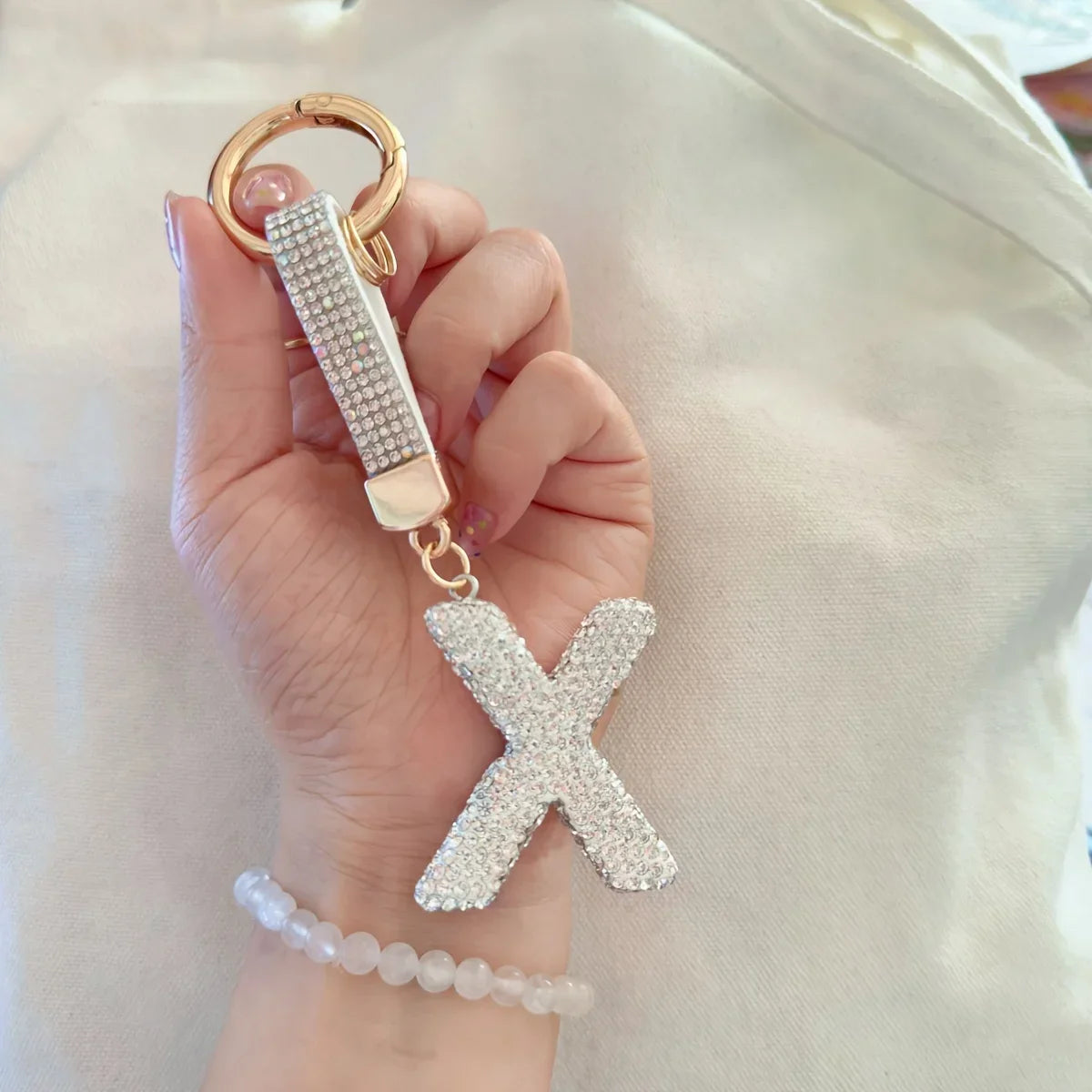 1pc Sparkling Rhinestone Alphabet Keychain, Alloy Round Letter Charm with Ring Buckle, Decorative Crystal Pendant Accessory