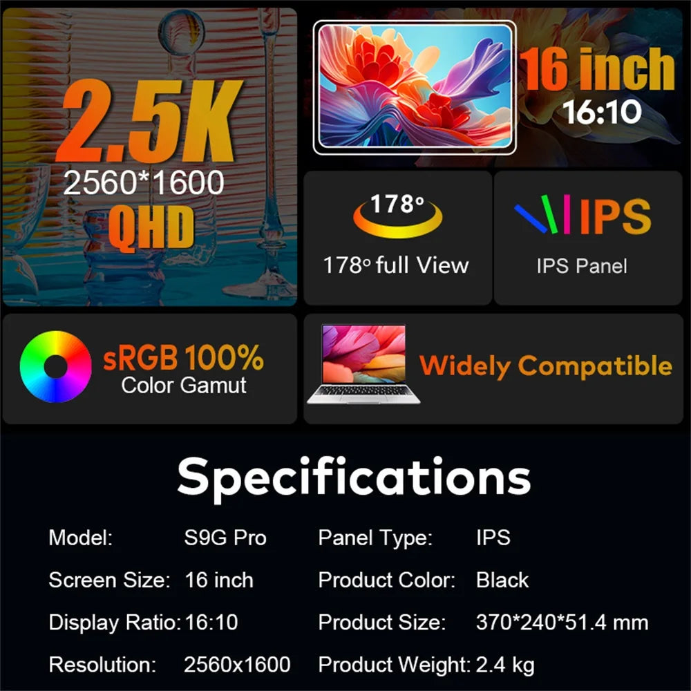 Rospider 16" 2.5K Portable Tri-Screen Monitor for 12-16.5" Laptop, Detachable Triple Screen Extender, 2560x1600 QHD IPS Display