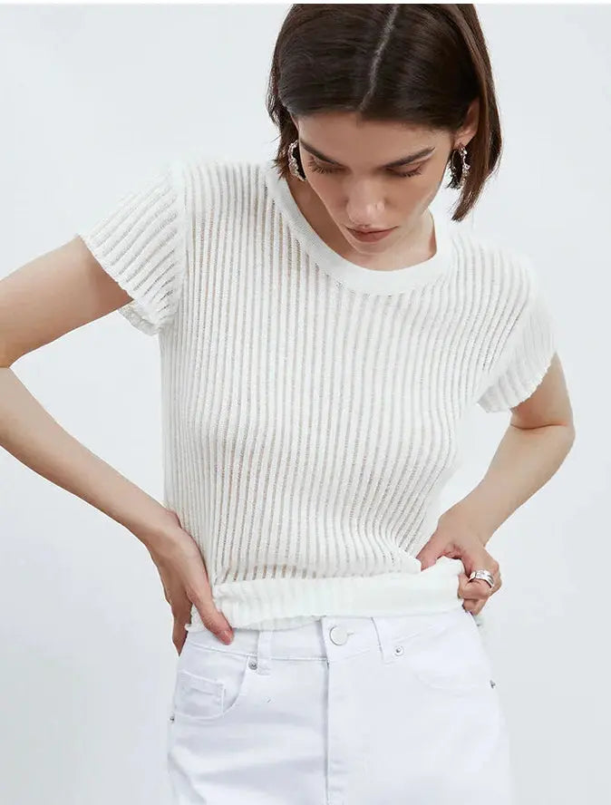 White Striped See Through Elegant Top