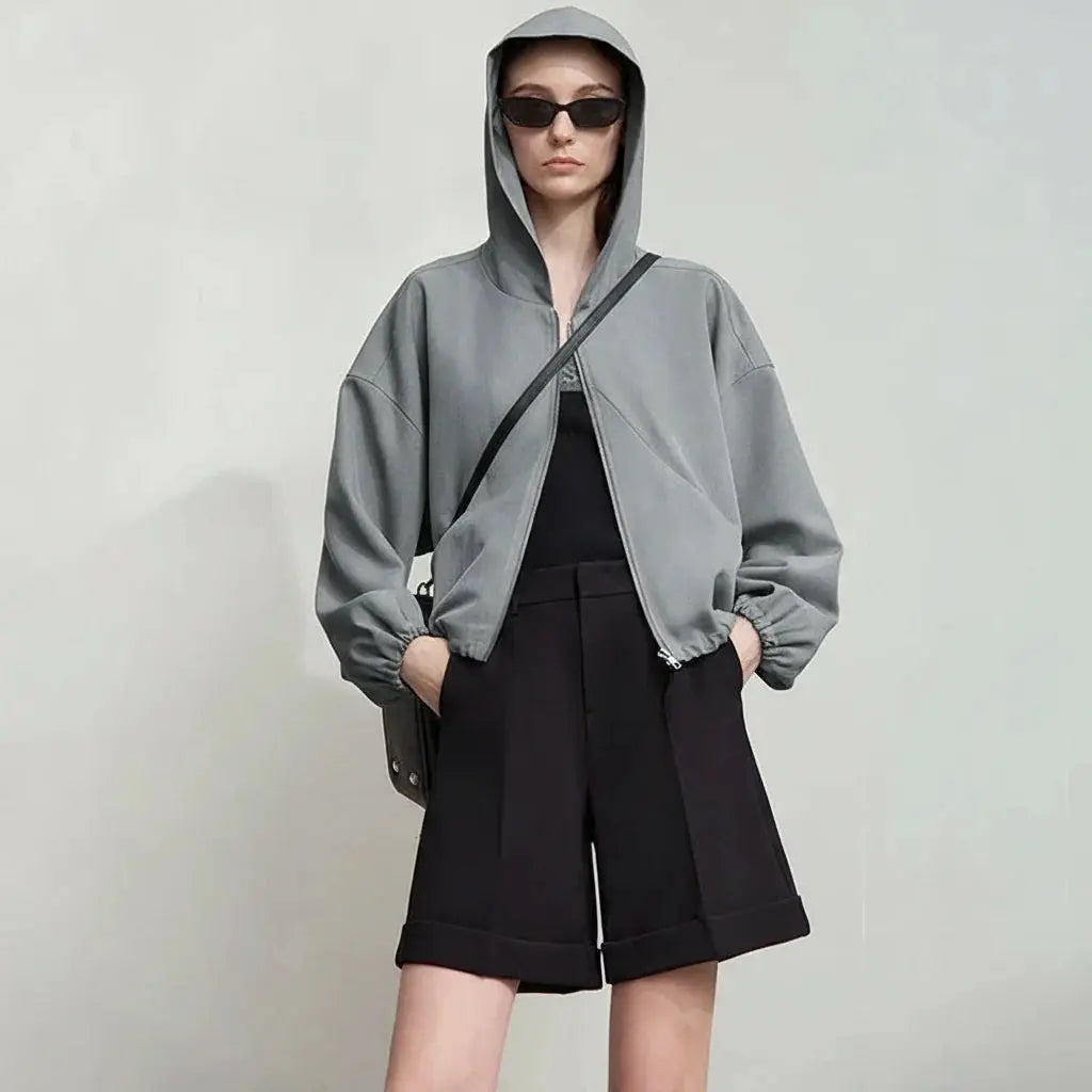 Simple Loose Fit Pleated Hooded Jacket
