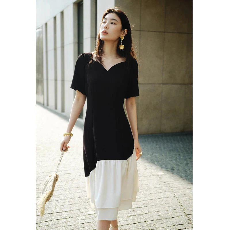 Contrast Fishtail Party Dress Short Sleeve Summer Style