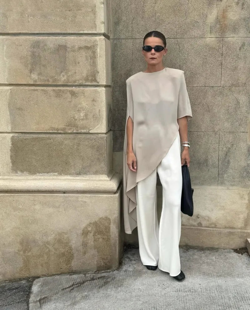 Trendix White Asymmetrical Cover Up For Women Fashion Ruffle Hem Loose Short Sleeve Shirts Casual Elegant Commuting Pullover Top