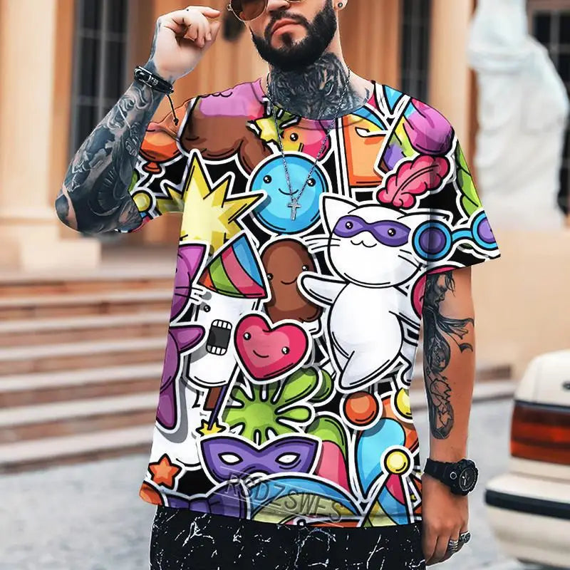 New Fun Graffiti Street T-shirt 3D Printed Men's Hip Hop Summer Cool Tee shirt Casual Youth Popular Personality Short Sleeve Top