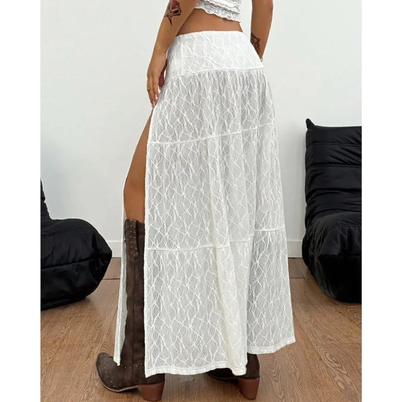 Women's Skirt Summer Fashion New Beach Style Textured Slit Long Skirt Sexy Vacation A-Line Boho White Midi Skirt For Women 2026