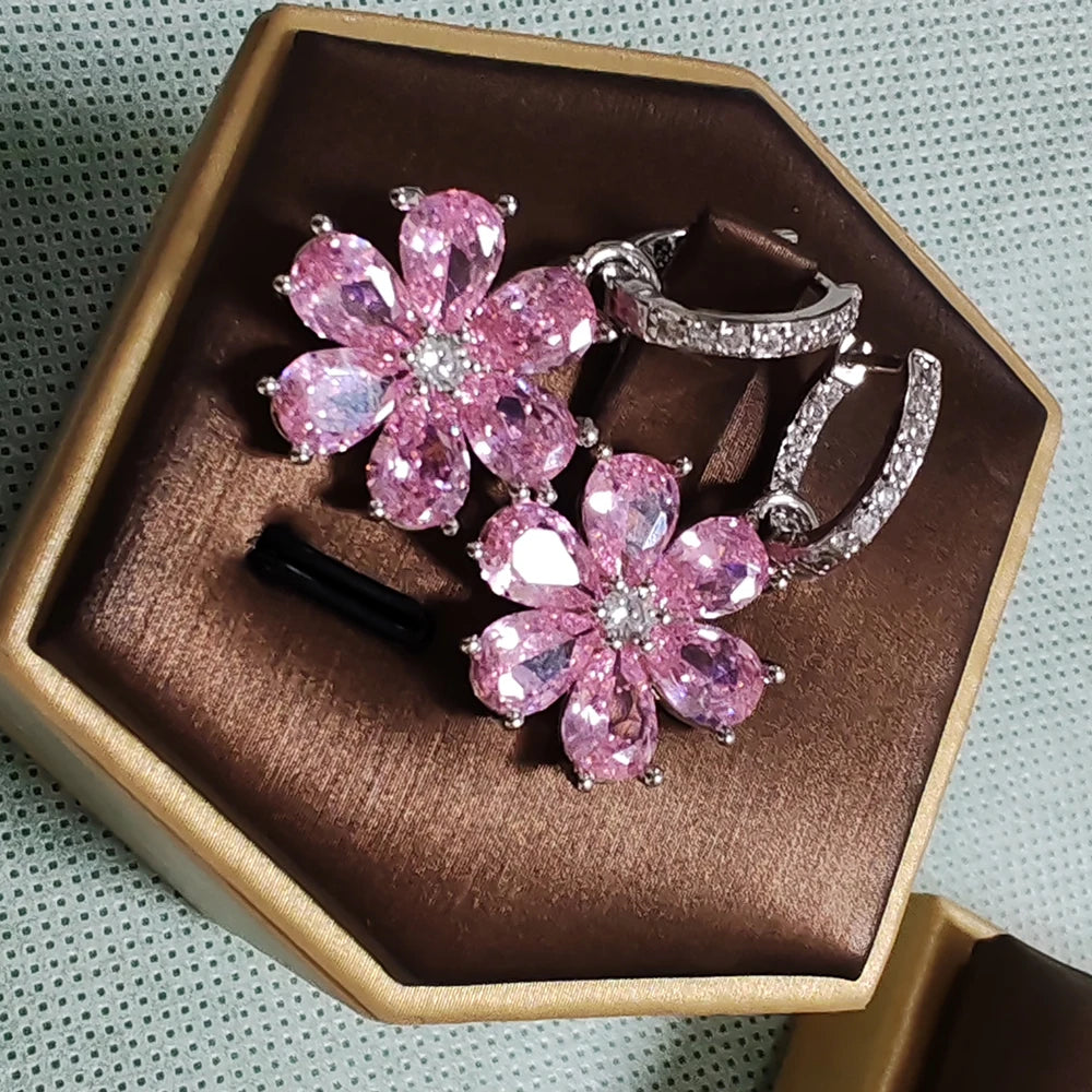 Pink Flower Sparkling Zircon Silver Drop Earrings for Women Vintage Jewelry Wedding Engagement Hoop Earrings Gifts