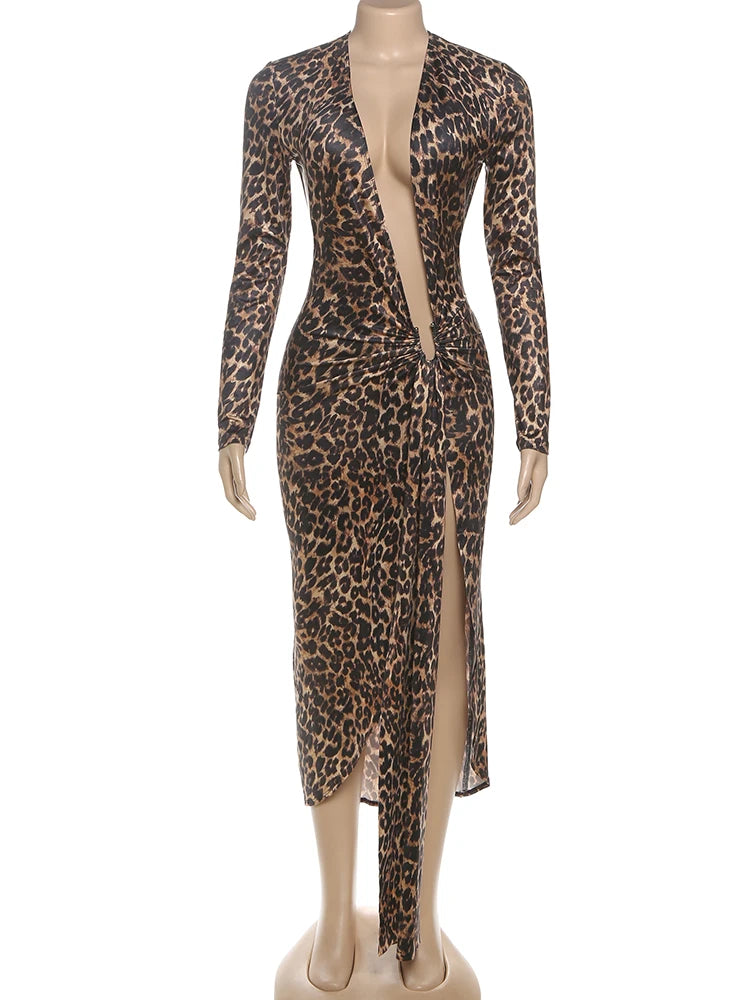 Leopard Print Deep V-Neck Dress Ruched Ribbon Skinny High Split Nightclub Party Fall Hipster Vestidos