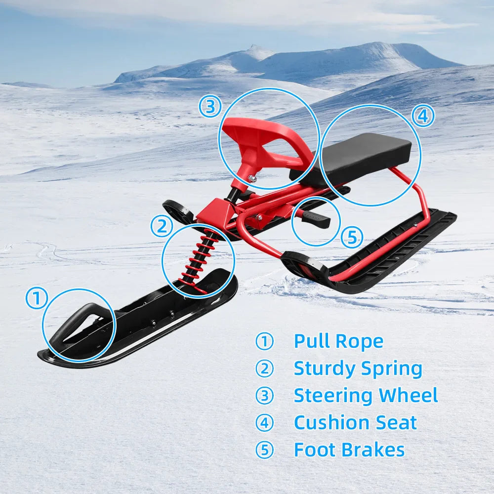 Snow Racer Ski Sled with Steering Wheel and Twin Brakes