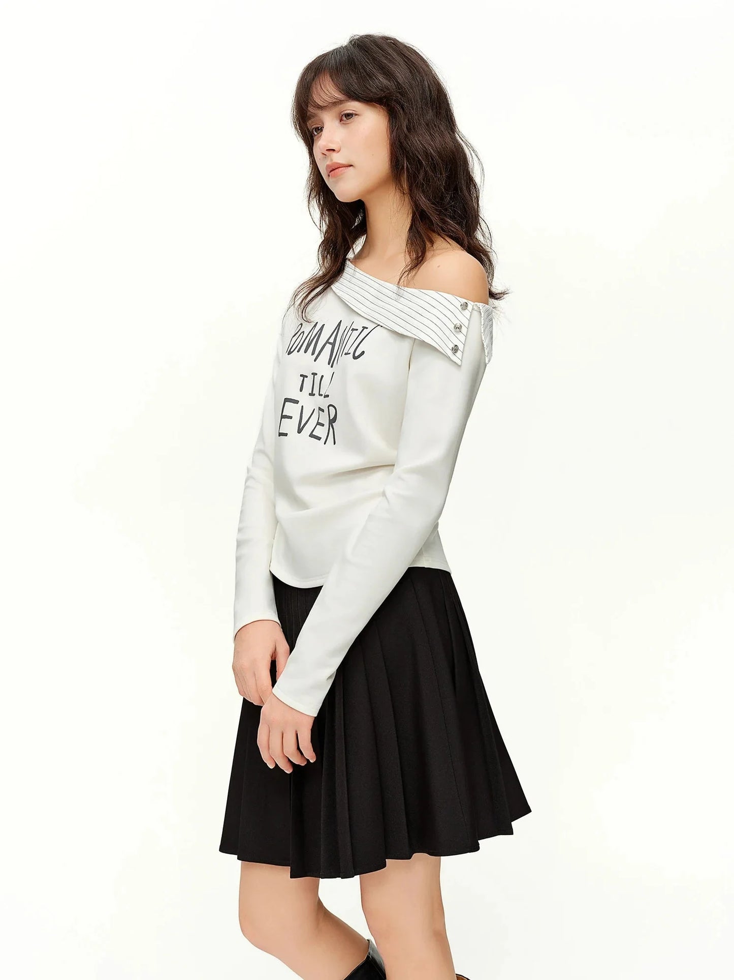 Women's Asymmetric Stripe Long Sleeve T-Shirt Letter Print Top