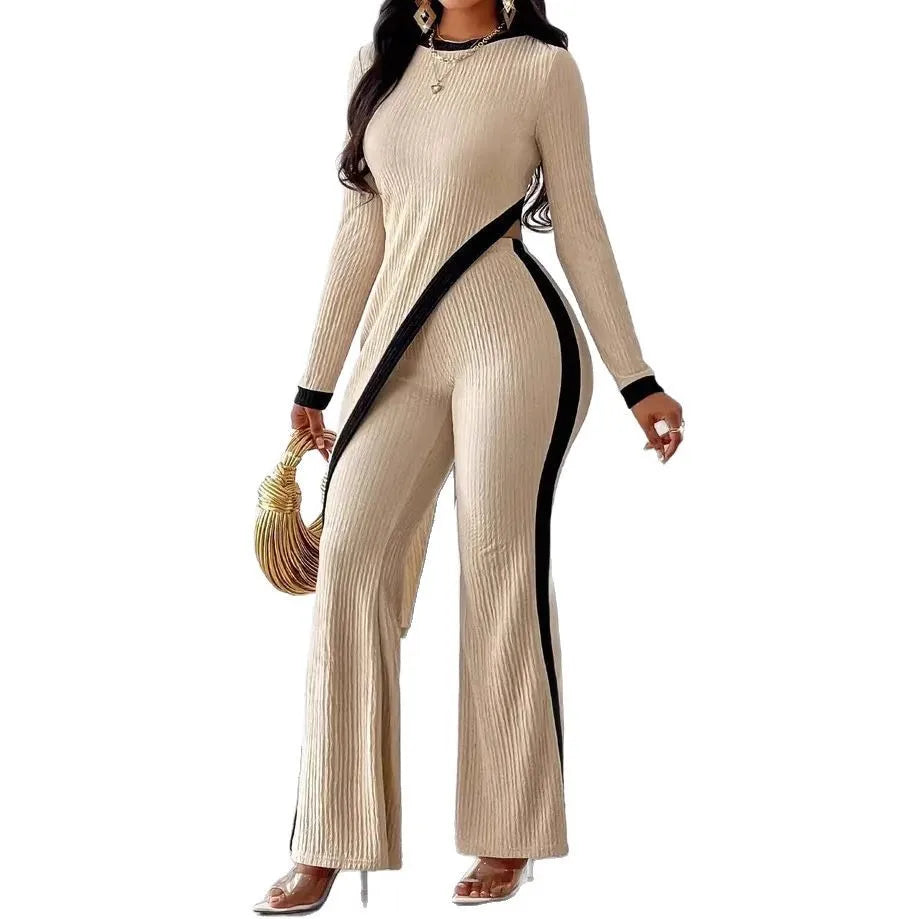 Striped Splicing Irregular Suit Round Neck Fashion Office Commuting Elegant Wide-leg Trousers Conjunto Dos Piezas Mujer Invierno