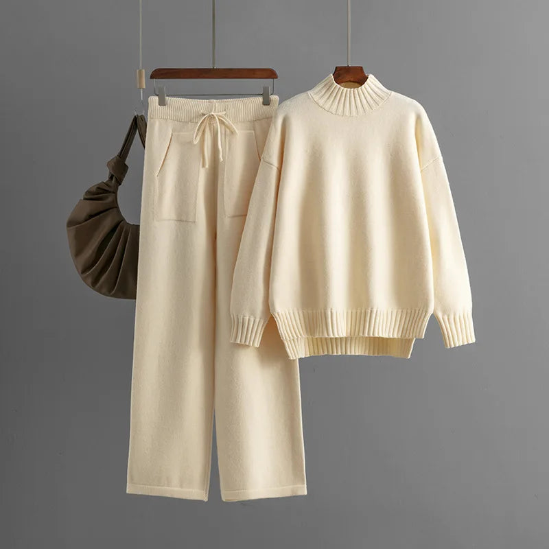 Winter Thick Knitted 2 Piece Sets Women Half Turtleneck Knitwears Sweater Pullover Tops Conjuntos High Waist Sweatpants Outfit