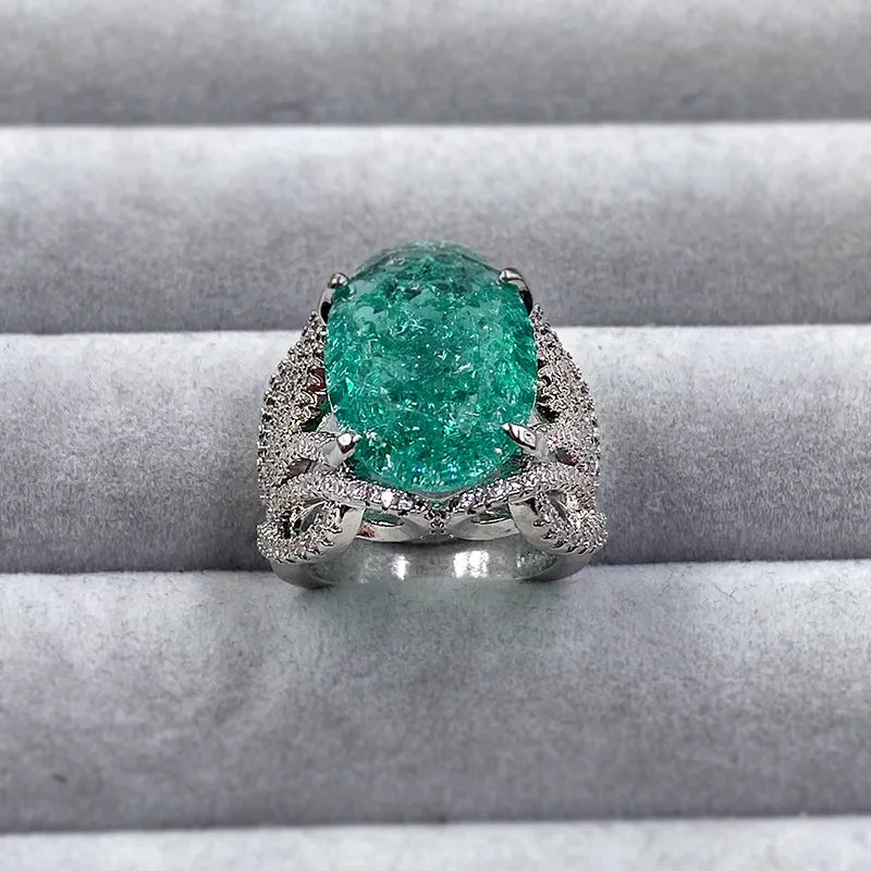 925 Silver Plated Exquisite Blue Green Moissanite Ring Fire Sparkling Luxury Open Ring Female Party Birthday Jewelry Gift