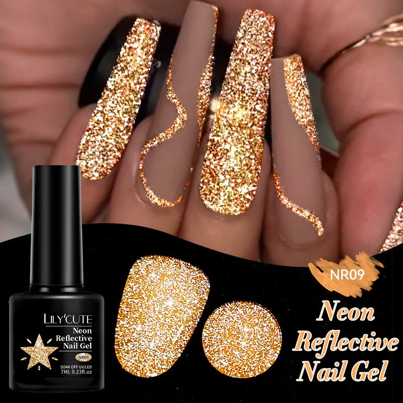 LILYCUTE 7ml Neon Reflective Nail Gel Polish Dark Flash Glitter Effect Fluorescent Gel Soak Off UV Gel Summer Nail Art Varnish