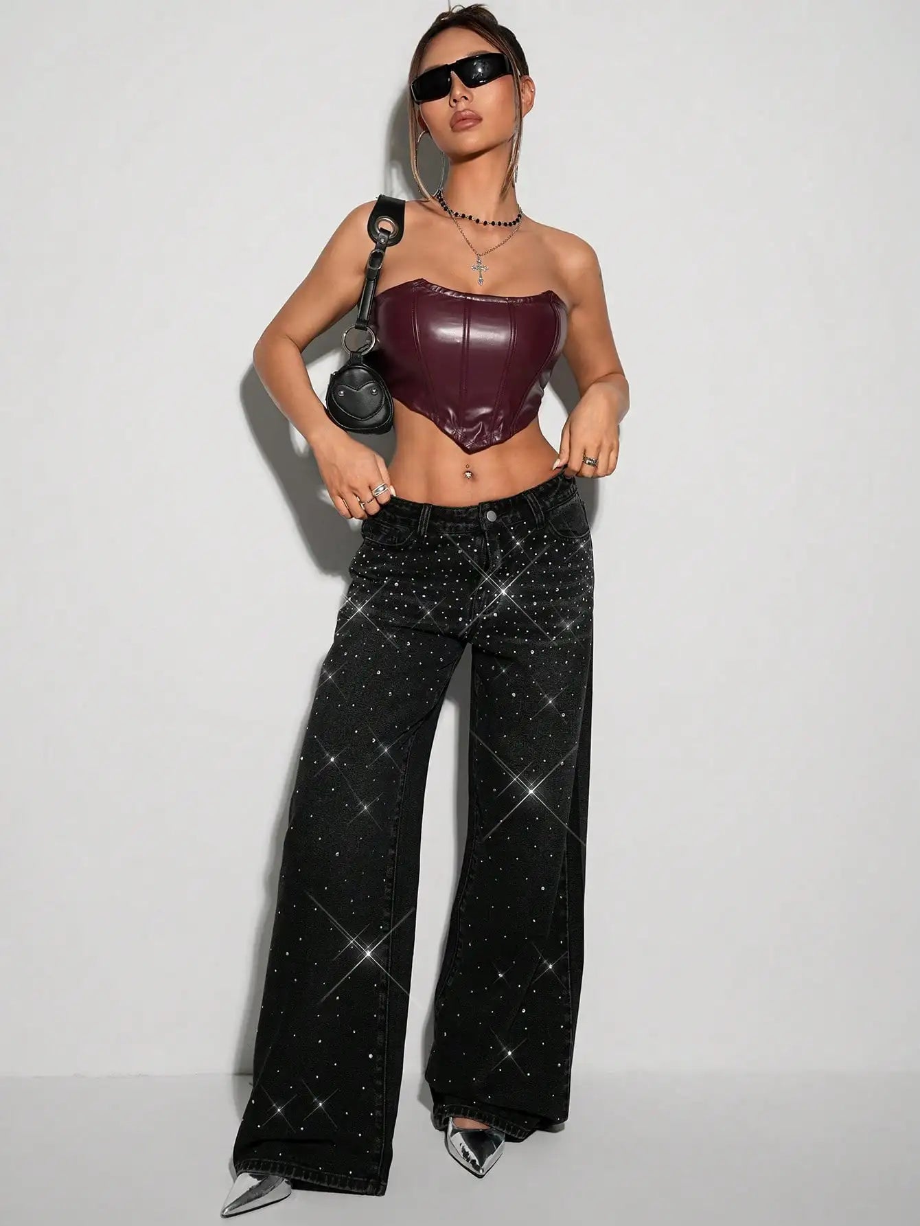 Women's Black Rhinestone Embellished Wide Leg Jeans - Y2K Sparkle Party Pants