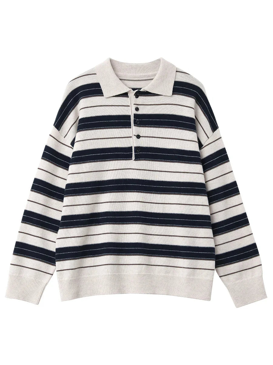 Striped Polo Collar Sweater Casual Knit Pullover