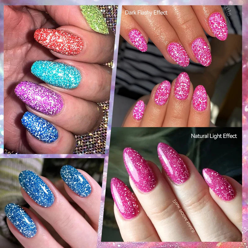 LILYCUTE 7ml Neon Reflective Nail Gel Polish Dark Flash Glitter Effect Fluorescent Gel Soak Off UV Gel Summer Nail Art Varnish