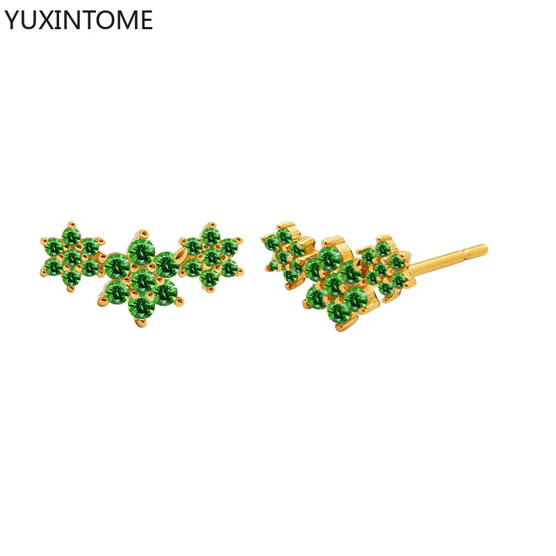 925 Sterling Silver Ear Needle Green Zircon Stud Earrings for Women Luxury Long Chain Geometric Gold Earrings Fashion Jewelry