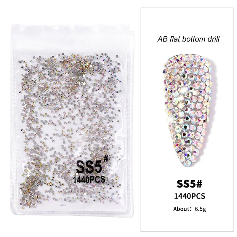 1440pcs Nail FlatBack Crystal Rhinestone Clear/AB Glass Strass (SS3-SS20)3D Nail Gem Stones Non-HotFix Nail Rhinestone 1.3-4.8mm