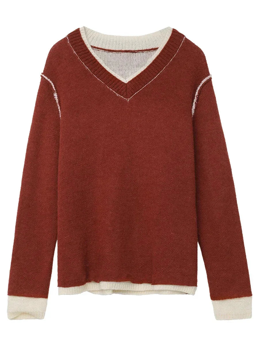 Color Block V-Neck Sweater Loose Knit Pullover