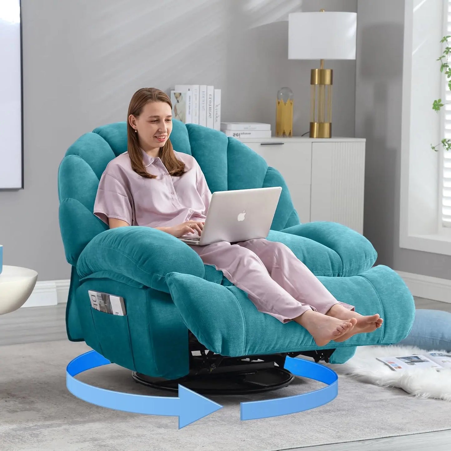 Shell Swivel Rocker Recliner Chair 360 Manual Big Tall Sofa Storage Pocket Living Bedroom Small Pink, Customized