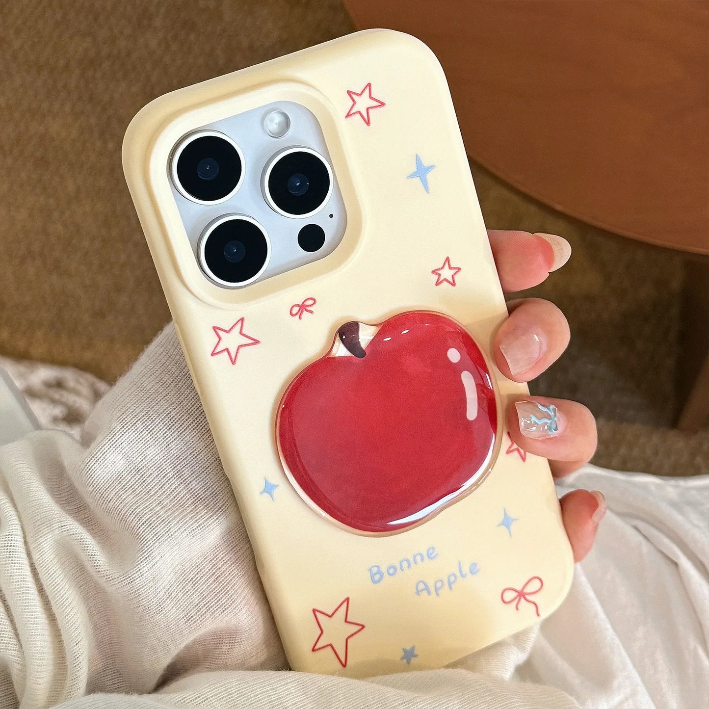 Korean 3D Cartoon Red Apple With Fork Apple Core Pendant Soft Phone Case For iPhone