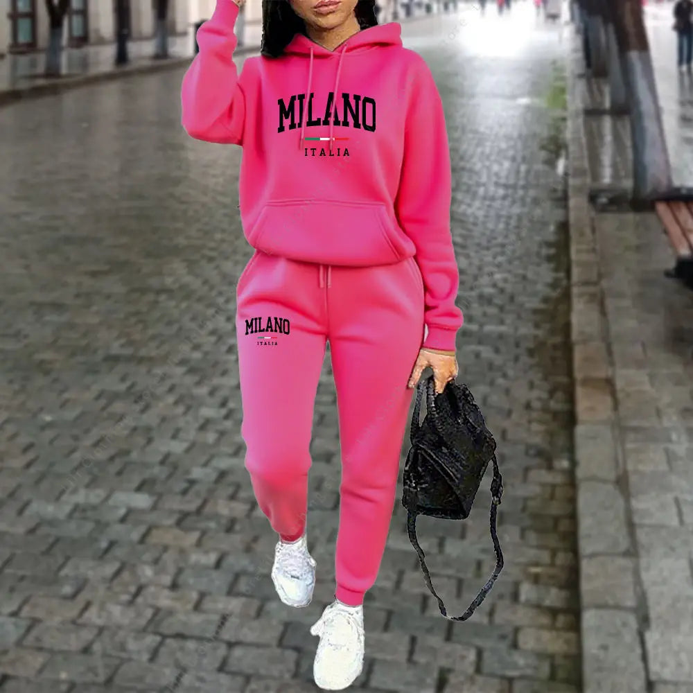 2pcs MILANO Letter Print Women’s Hoodie & Pants Tracksuit Set Sweatsuits in a Variety of Colors