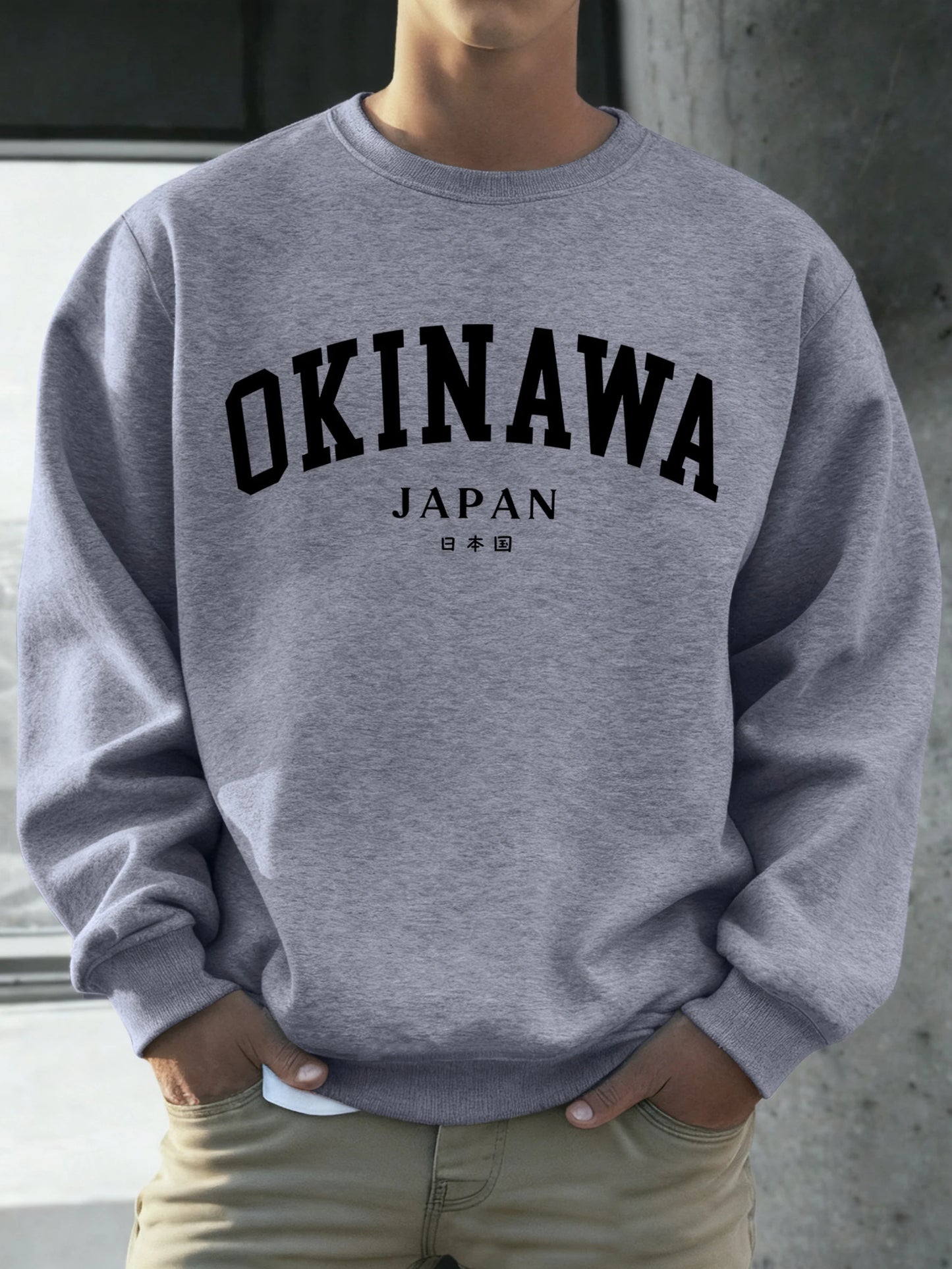 Okinawa Japan Letter Printed Male Sweatshirt Hip Hop Simple Long Sleeve Fleece Trendy Pullovers Unisex Loose All-Match Clothes