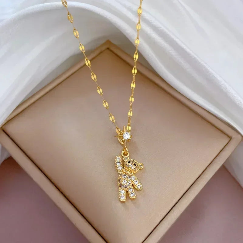Gold Color Stainless Steel Chain Cute Shiny Zircon Bear Pendant Necklaces for Women Girls Lovely Luxury Jewelry Accessories Gift