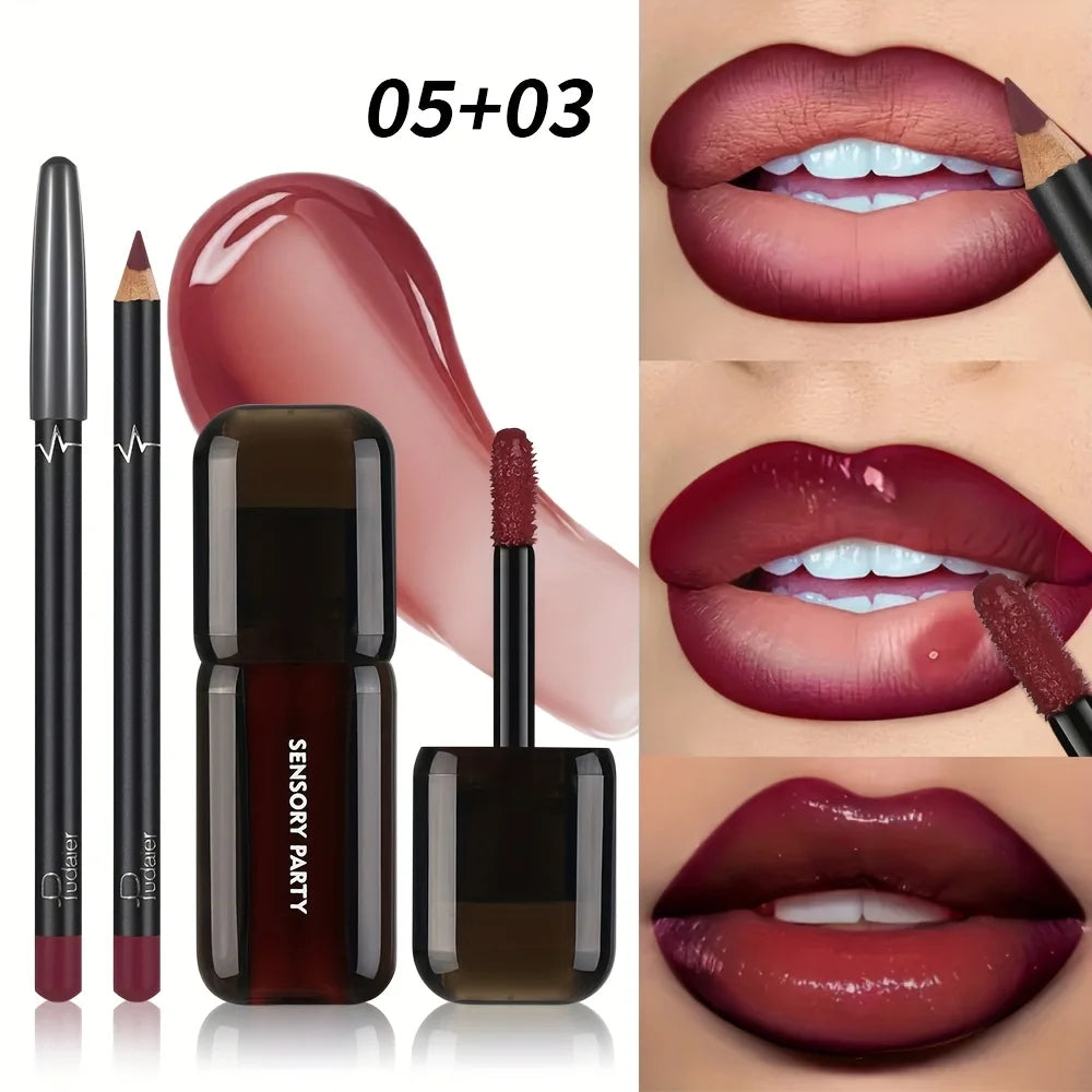 Pudaier Lip Gloss & Lip Liner Set, Hydrating Long Lasting Waterproof Non-Smudge Lip Makeup, Smooth Lip Kit for Women