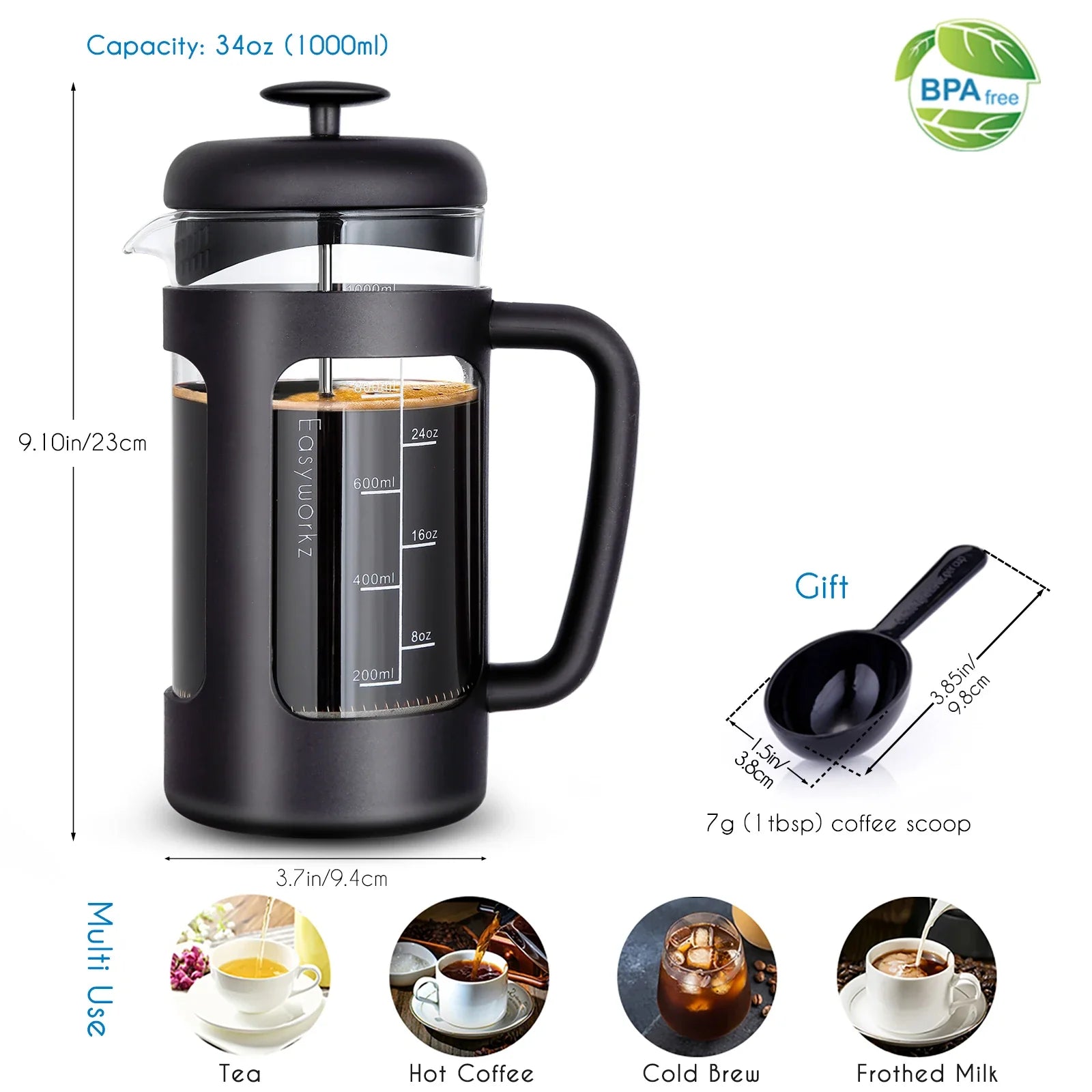 French Press  Coffee Tea Maker with Borosilicate Glass,Soft Grip Handle-2