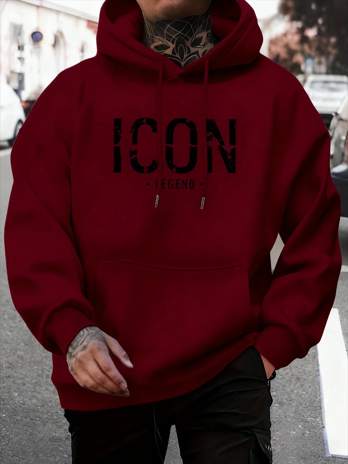 Men's Casual Pullover Sport Hoodie with "ICON" & "LEGEND" Graphic Print Fashion Hoodie