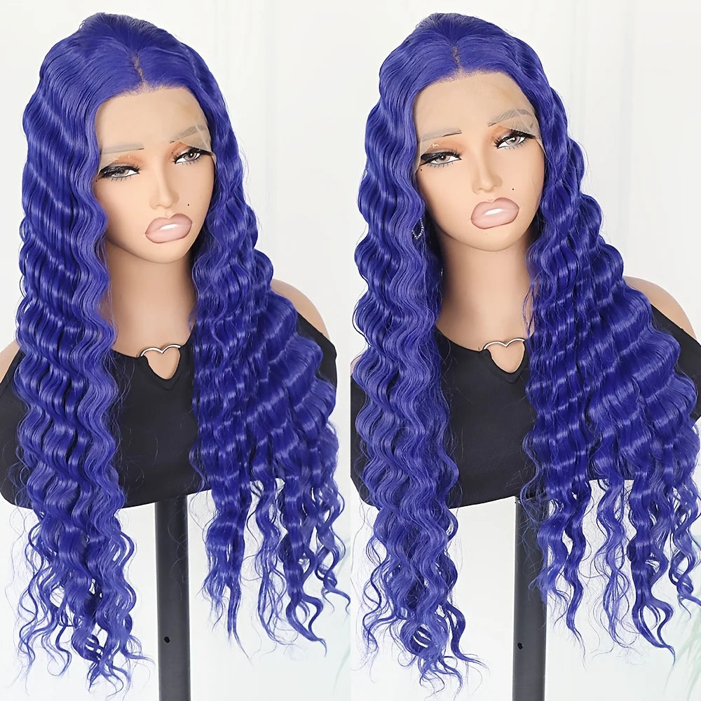 Long Blue Color 13x4 Lace Frontal Wigs Deep Wavy Hair Pre Plucked Natural Hairline Curly Wave Glueless Heat Resistant Synthetic