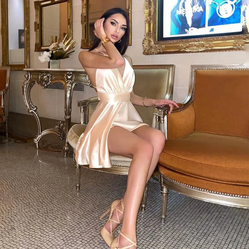Women Sexy Summer Dress Hotsweet Party Spaghetti Strap Bow Big Swing Female Bckless Club Fashion Sleeveless New Mini Clothing