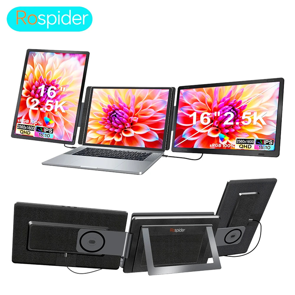 Rospider 16" 2.5K Portable Tri-Screen Monitor for 12-16.5" Laptop, Detachable Triple Screen Extender, 2560x1600 QHD IPS Display