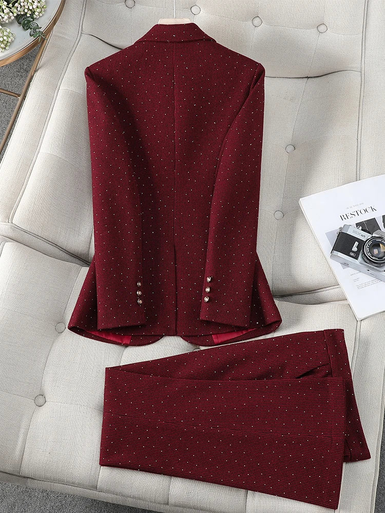 Fashion Winter Women's Pant Suit Ladies Female Business Work 2 Piece Set Red Coffee Gray Formal Blazer Jacket And Trouser