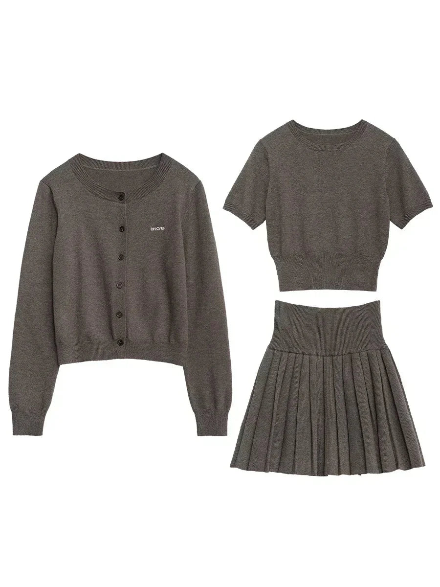 Women’s 3-Piece Knitted Skirt Set Pleated Cardigan Outfit