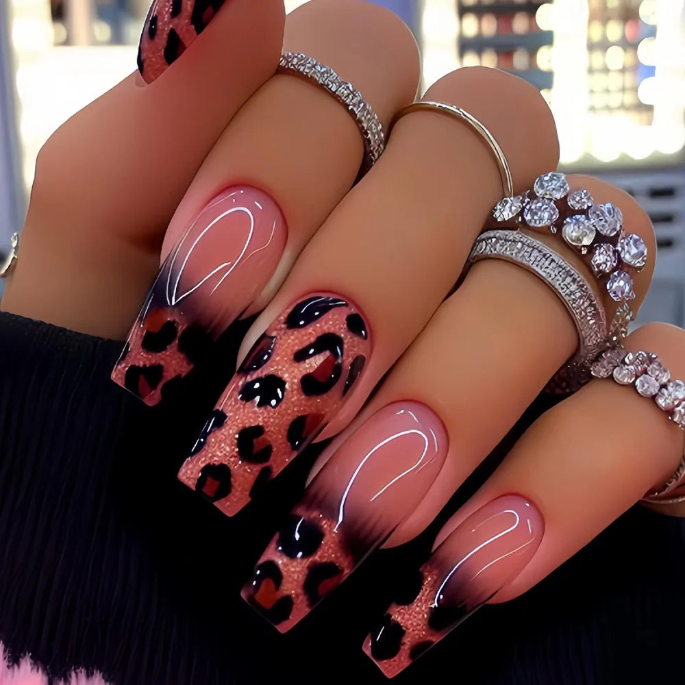 Medium long fake nails for women girls Y2K colorful gradient leopard print Pink green coffee coffin tips press on false nail set