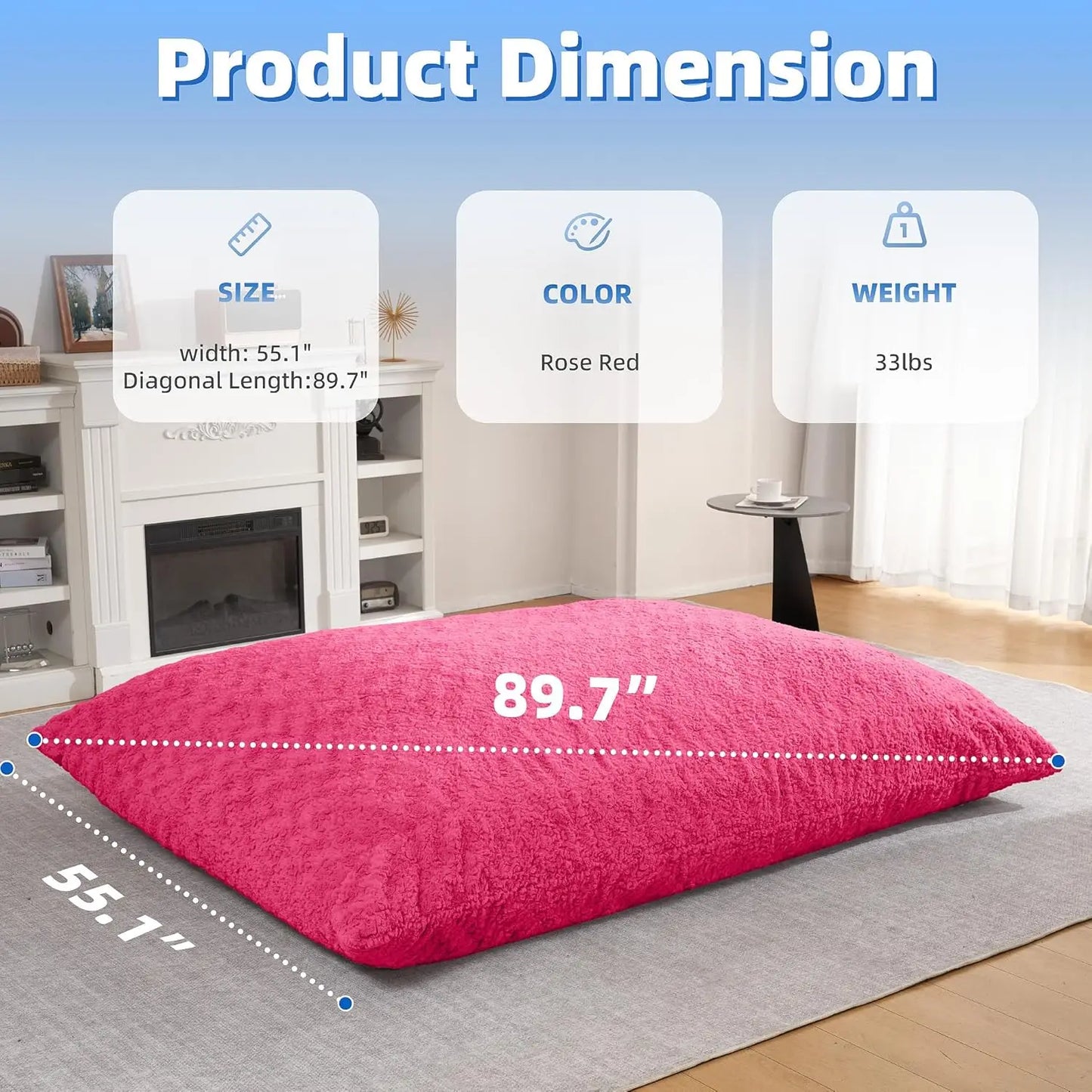 4 in 1 Bean Bag Chair, Giant Memory Foam Filling Bean Bag Sofa, Adult Bean Bag Chair, Machine Washable Faux Fur Cover (Rose Red)