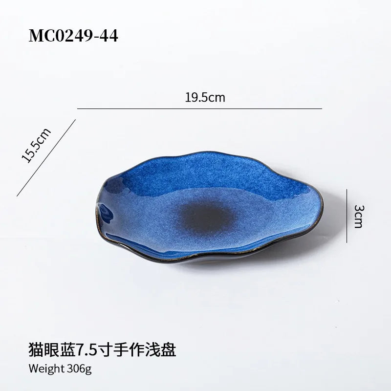 1PCS Cat Eye Blue Color NEW Japanese Ceramic Food Dish Flat Plate Pottery Irregular Dish Dinnerware Steak Display Dish