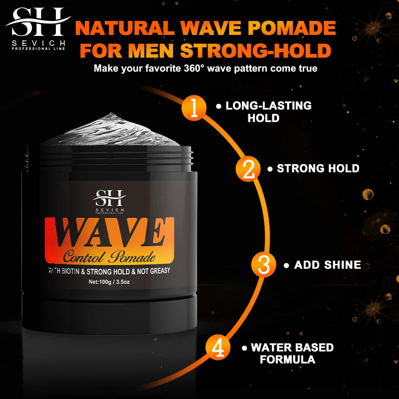 Natural Wave Control Pomade with Biotin for Men - Strong Hold 360 Waves