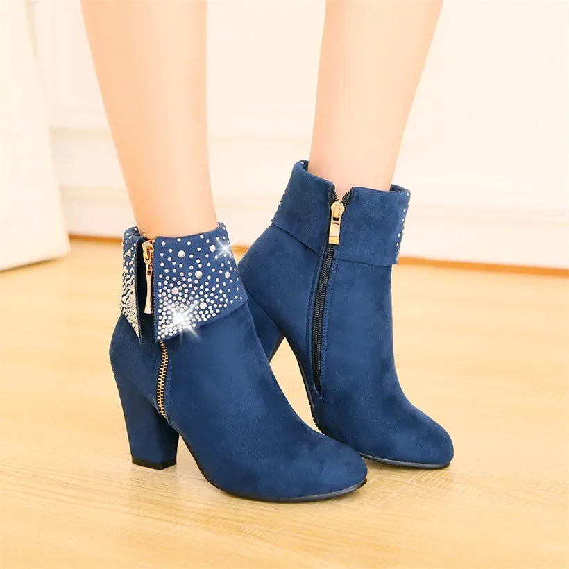 Big Size Crystal Zipper Ankle Boots Women High Chunky Heels Blue Red Quality Flock Casual Office Party Winter Ladies Short Boots