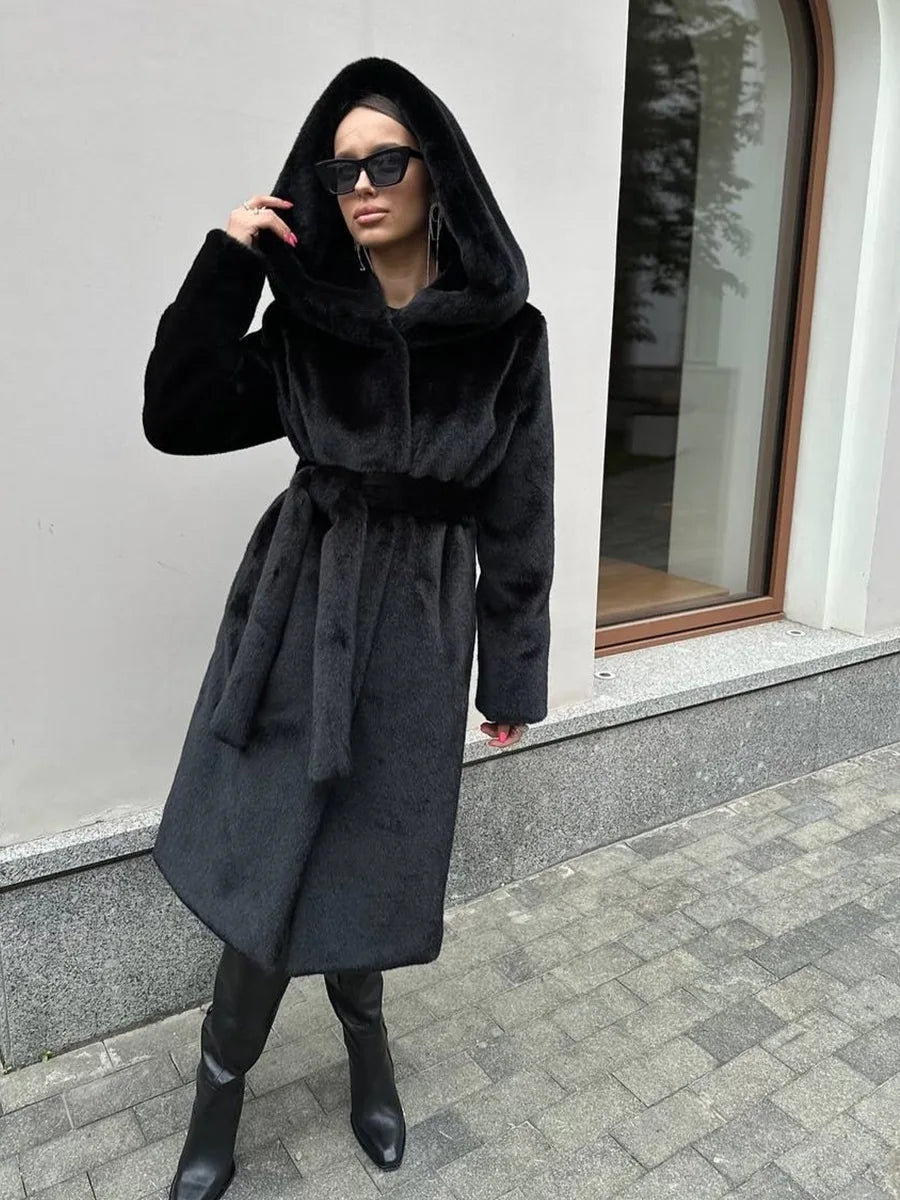 Belted Winter Women Artificial Fur Jacket Thick Cinched Waist Fur Trim Hooded Female Eco Fur Coat Long Warm Lady Faux Fur Coat
