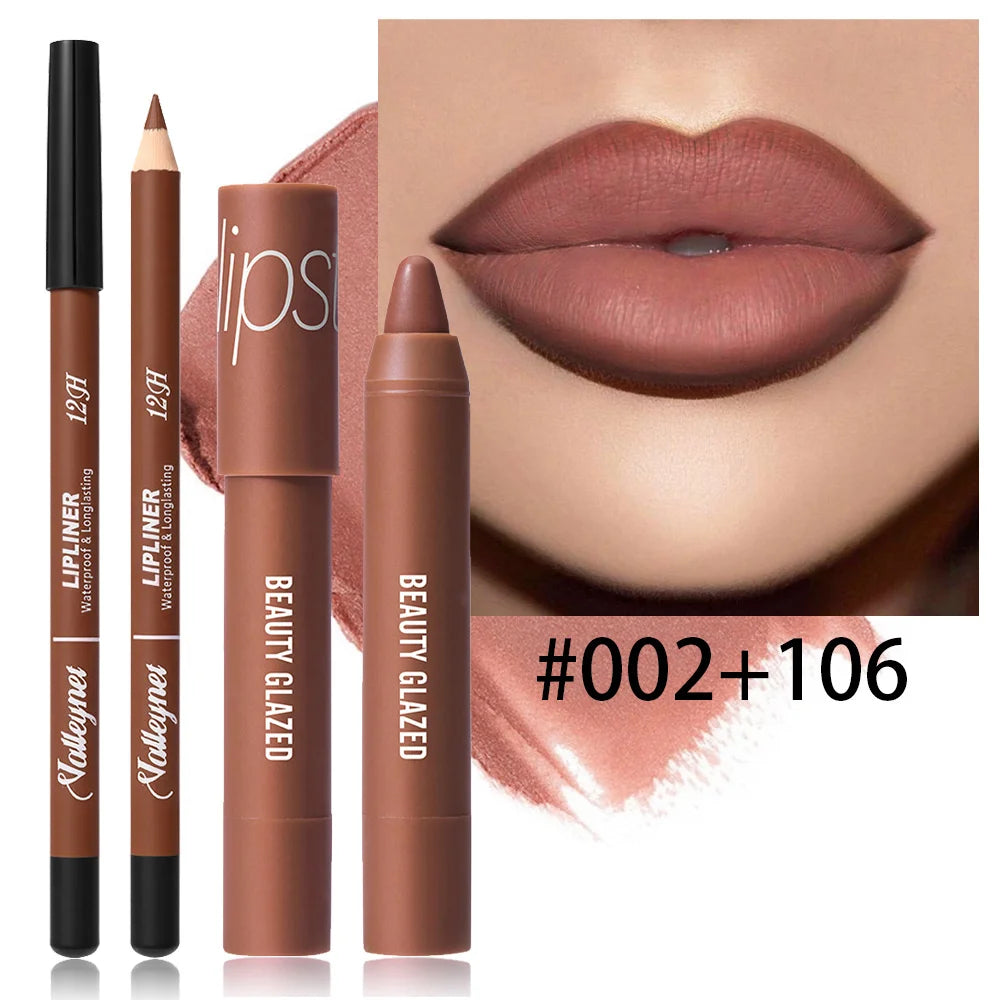 2Pcs/Set Lipliner + Lipstick Matte Waterproof Long-Lasting Lip Color Set - Lip Liner + Moisturizing Lipstick Cosmetics