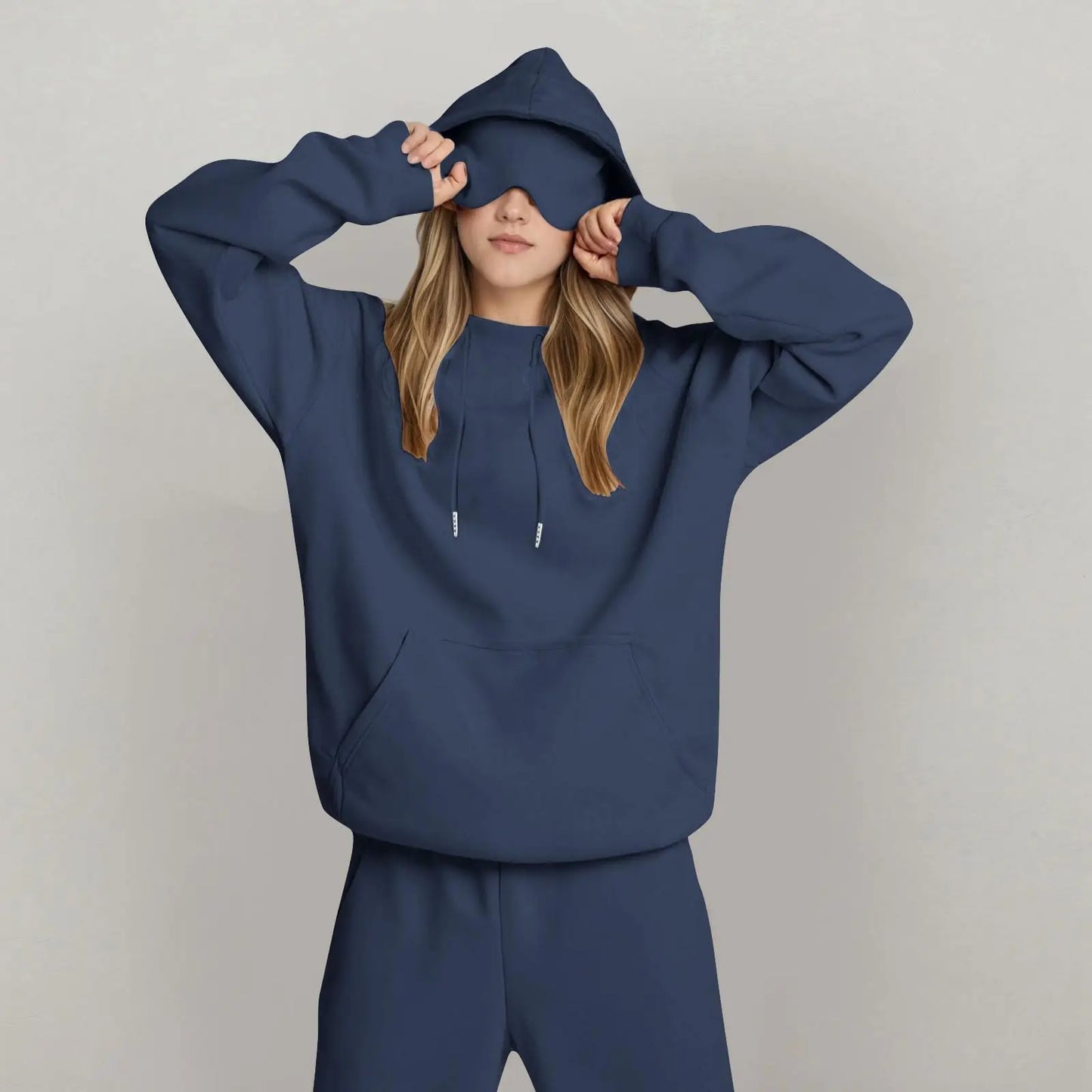 Unisex Hooded Sweatshirt With Built-In Eye Mask Casual Long Sleeved Solid Color Sports Pullover Loose Fit Sweatshirt 2025