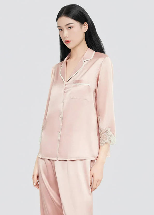 Mulberry Silk Pajama Set with Lace Trim 3-Piece Loungewear