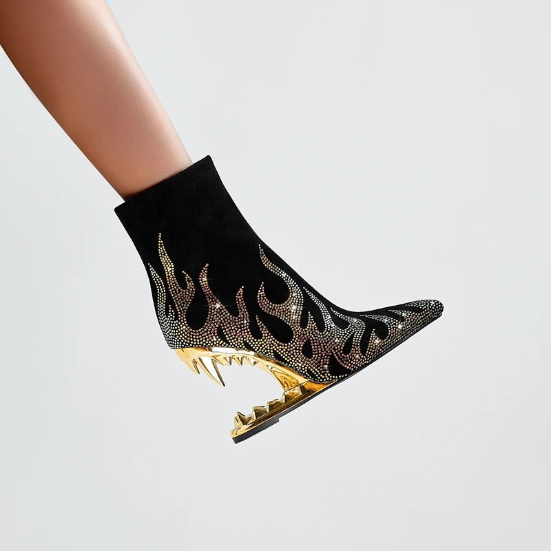 Kaky's New Water Diamond Flame Pointed Super High Heel Shaped Heel Wolf Teeth Tiger Teeth Women's Short Boots and Women's Boots