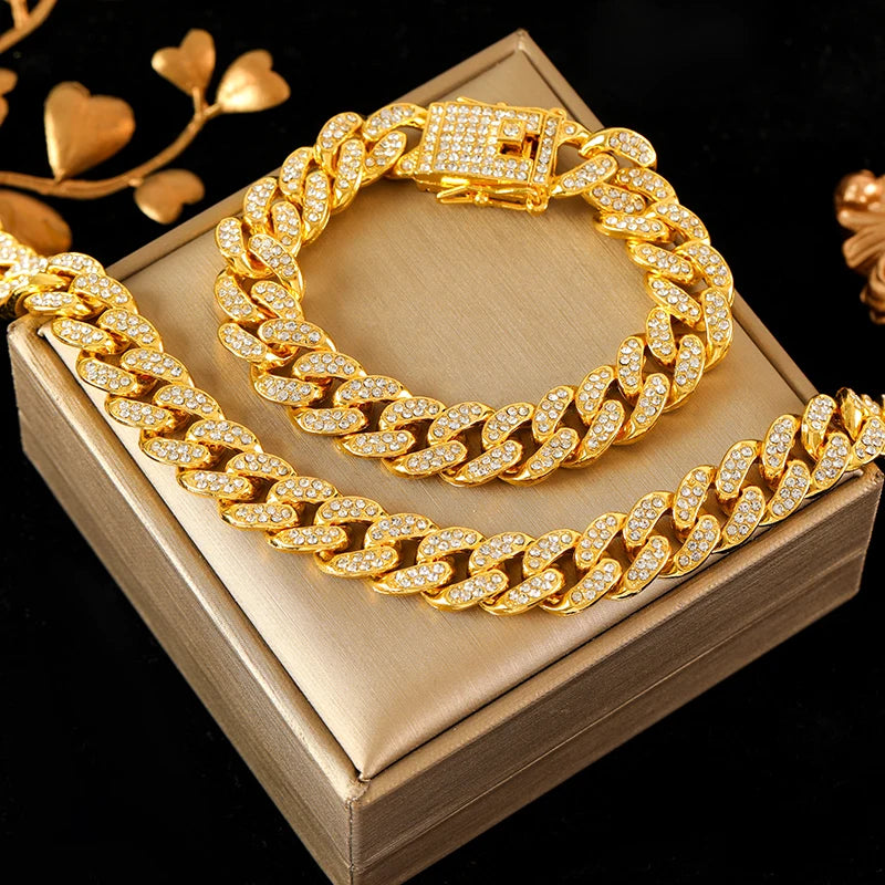 EILIECK Silver Color Thick Cuban Necklace Bracelet Set For Women New Punk Zircon Chain Waterproof Jewelry Party Gift Bijoux