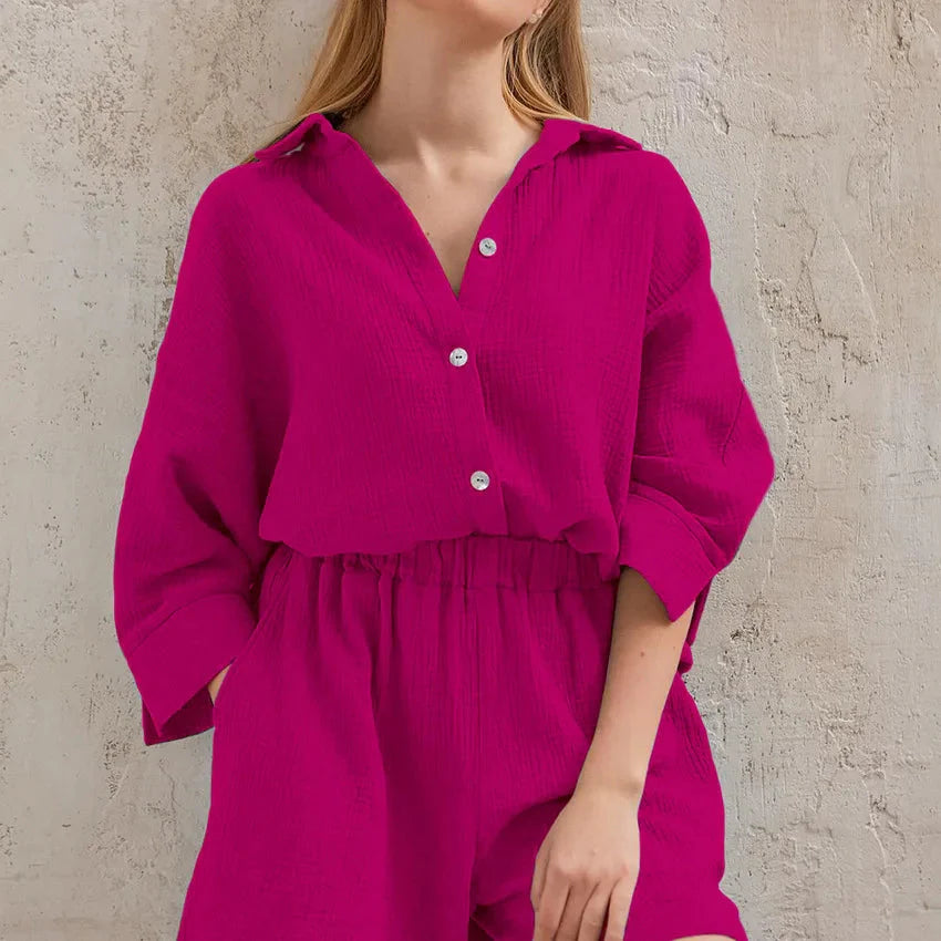 Women's Cotton Pajama Set Casual Collar Sleepwear Suit