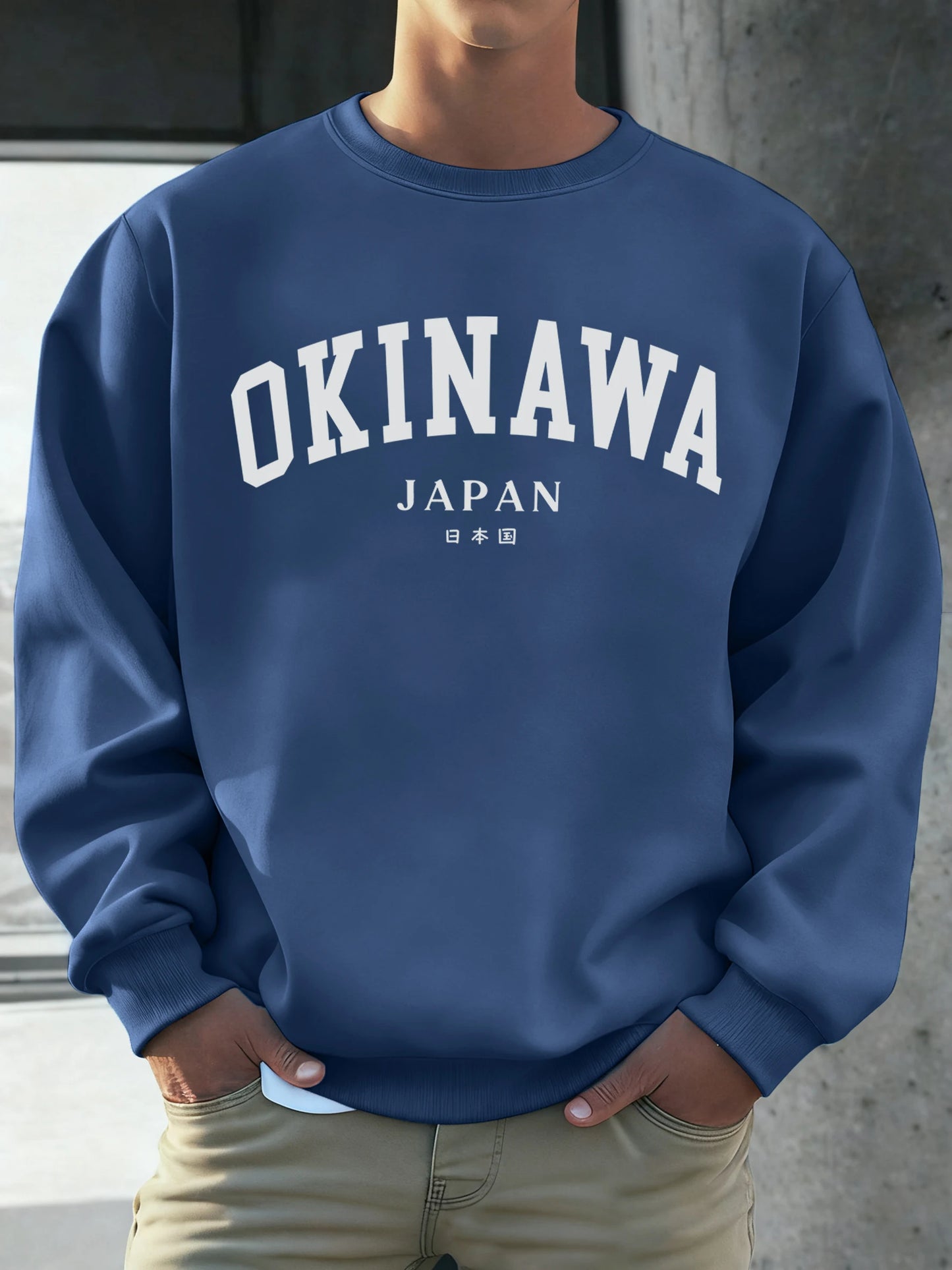 Okinawa Japan Letter Printed Male Sweatshirt Hip Hop Simple Long Sleeve Fleece Trendy Pullovers Unisex Loose All-Match Clothes