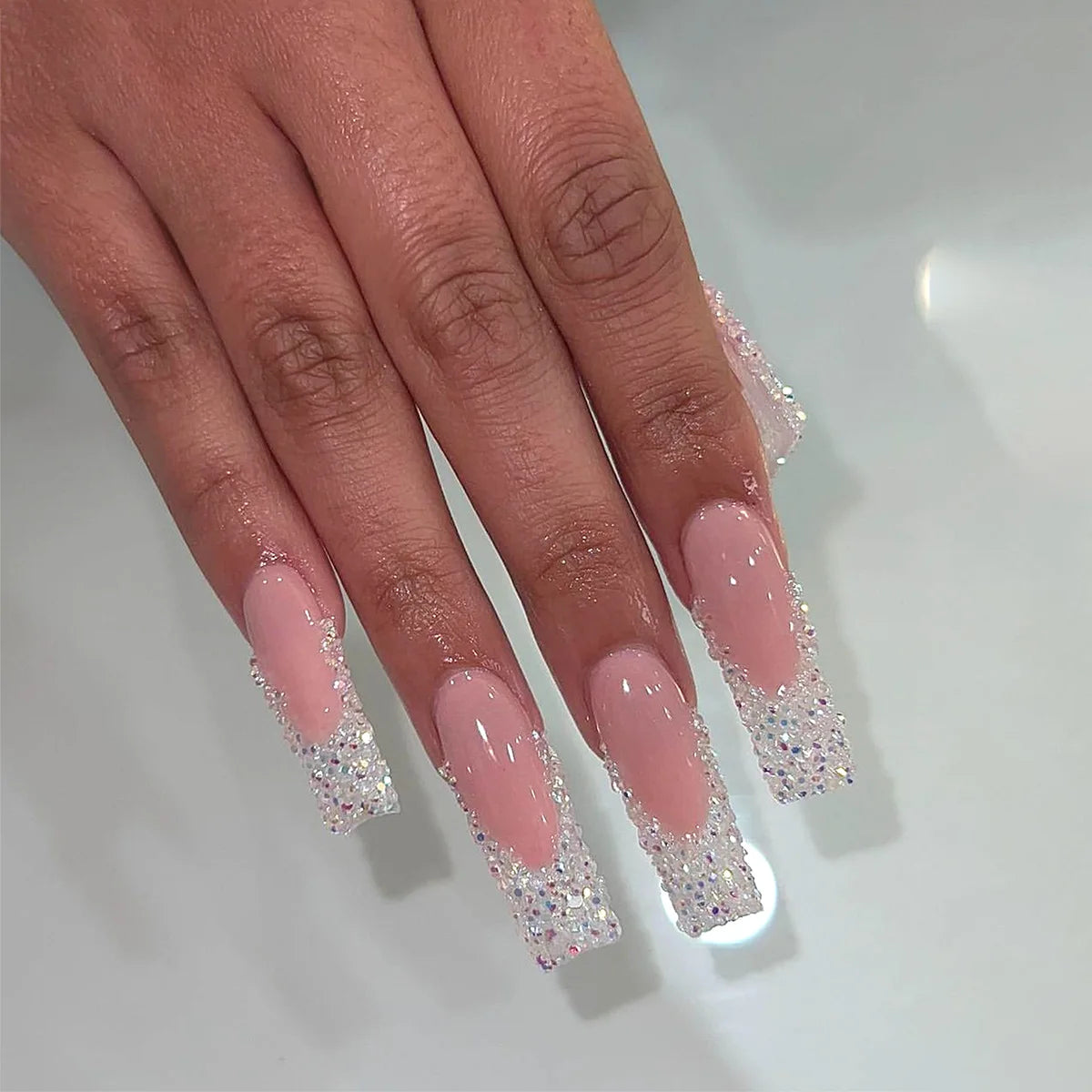 24Pcs Extra Long Square Fake Nail with Glue 3D Little Bear Bow Design False Nails White French Press on Nails Wearable Manicure