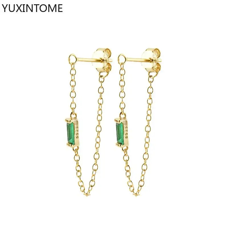 925 Sterling Silver Ear Needle Green Zircon Stud Earrings for Women Luxury Long Chain Geometric Gold Earrings Fashion Jewelry